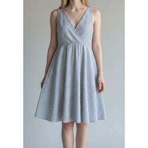 Masscob Striped V-Neck Fit Flare Dress Womens XS Blue Sleeveless Resortwear